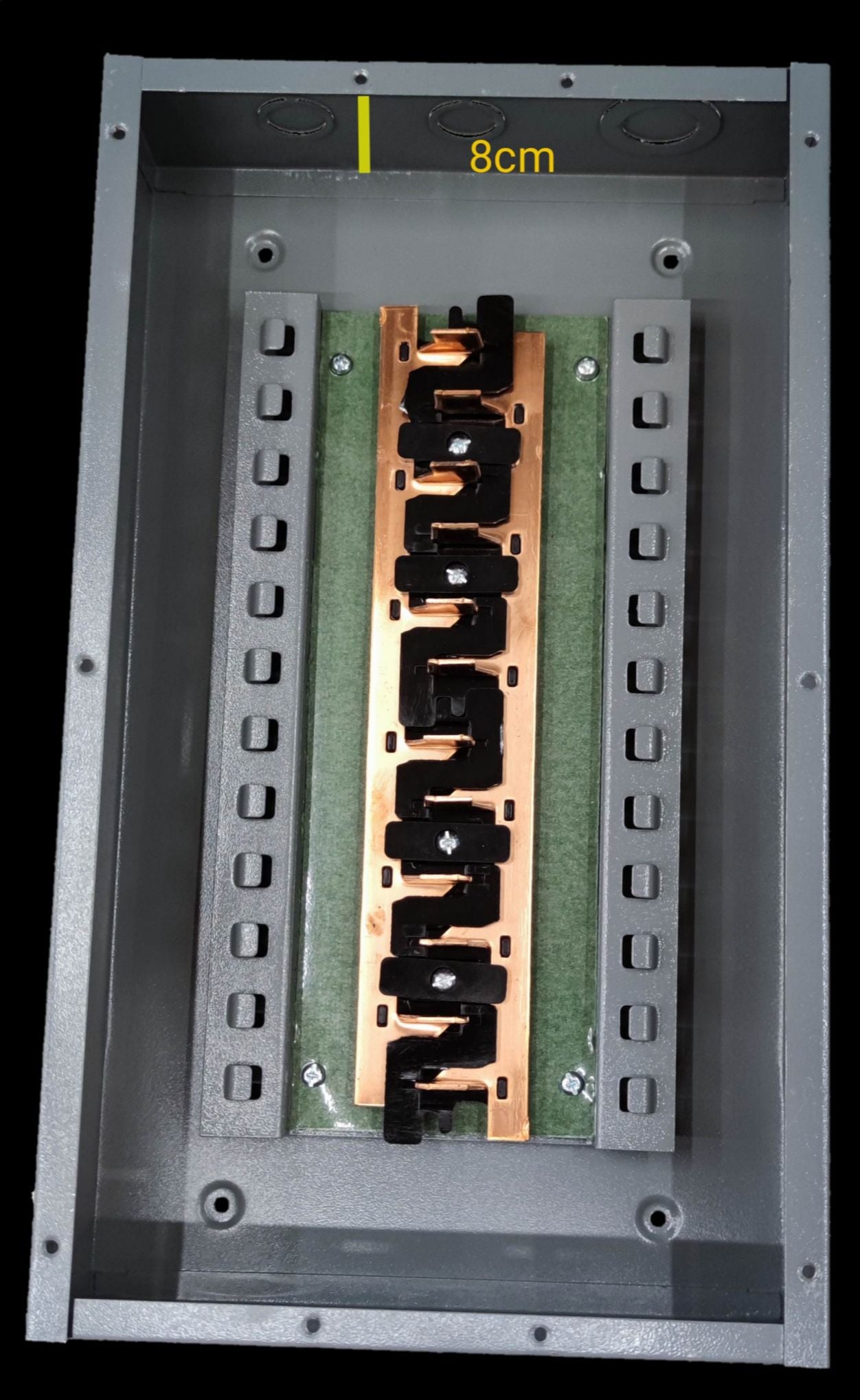 12 hole electrical panel box from Electx Electrical Supply with black and copper circuit connectors