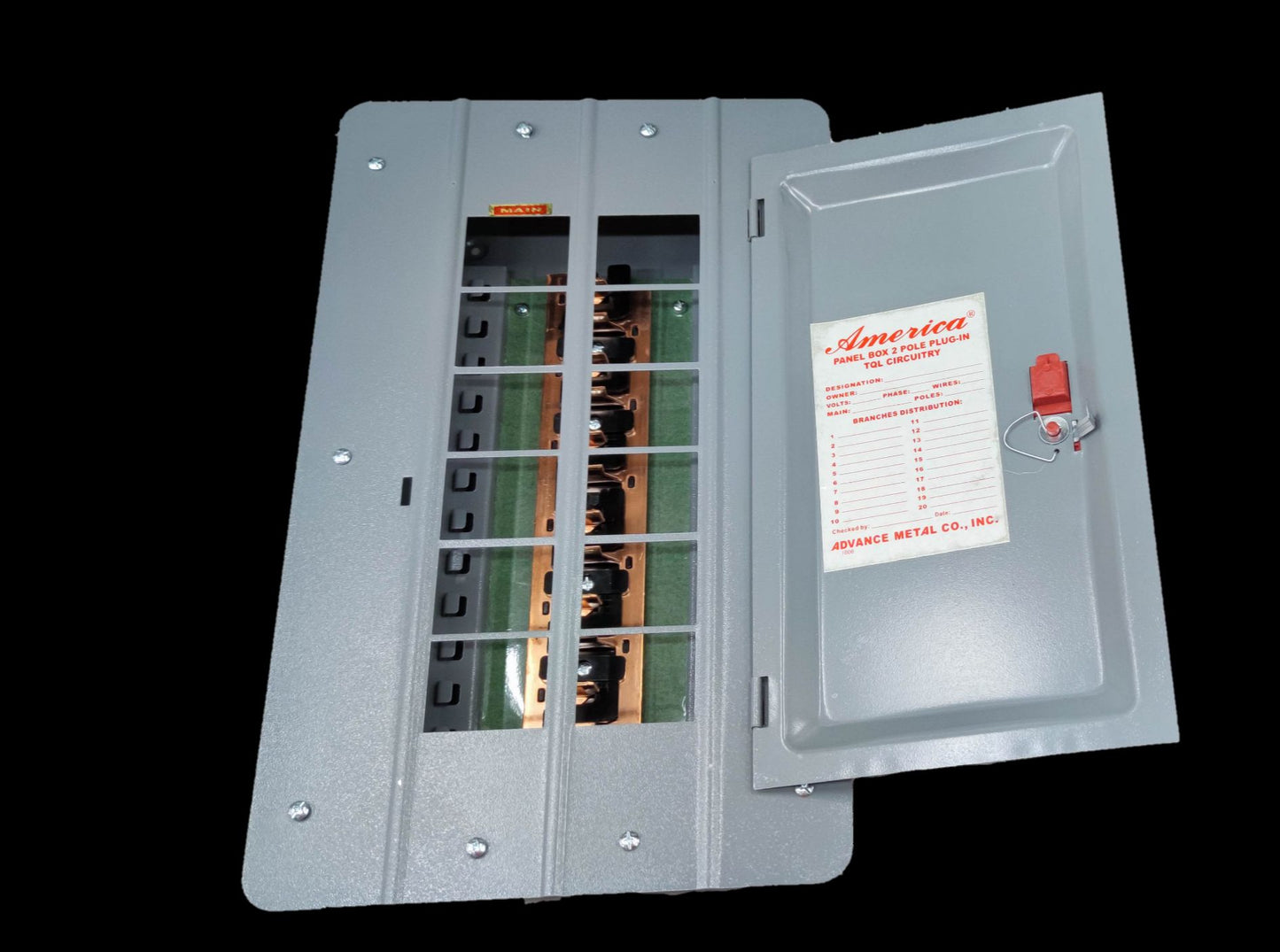 12 hole electrical panel box by Electx Electrical Supply with metal door open showing internal circuitry