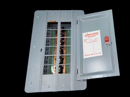 12 hole electrical panel box by Electx Electrical Supply with metal door open showing internal circuitry