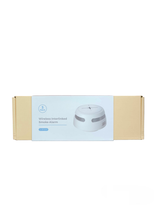 Aegislink wireless interlinked smoke alarm 3 pack in beige and white packaging for home security