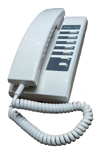 Aiphone 6 station intercom system white handset with coiled cord and multiple buttons for communication