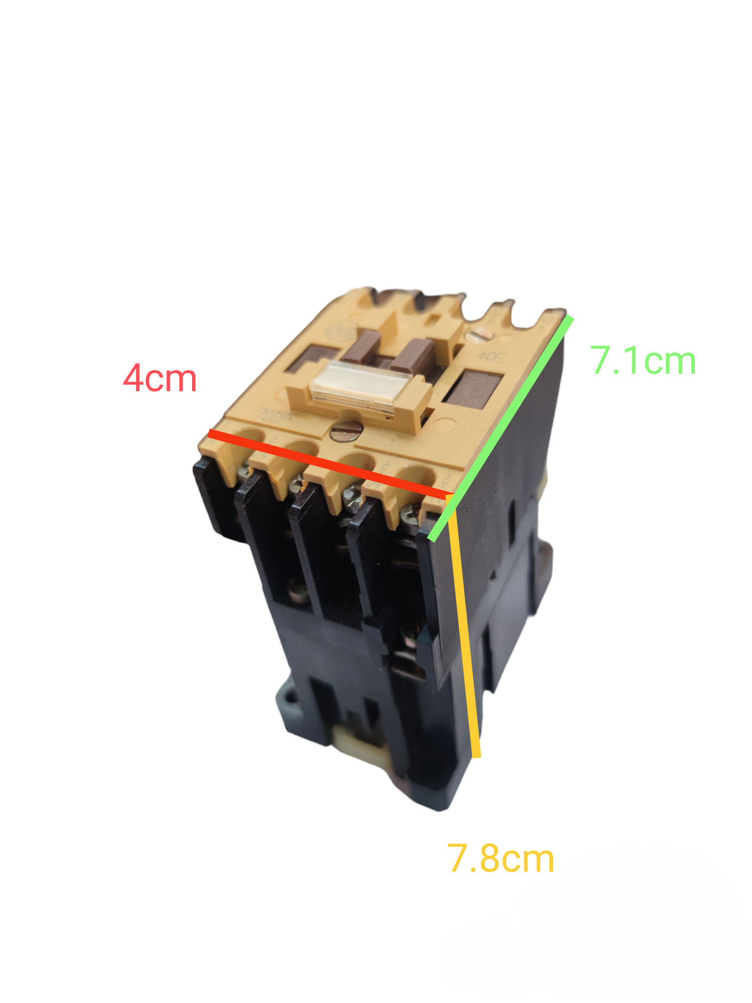 Allen Bradley magnetic contactor 10A with black and beige housing showing detailed dimensions