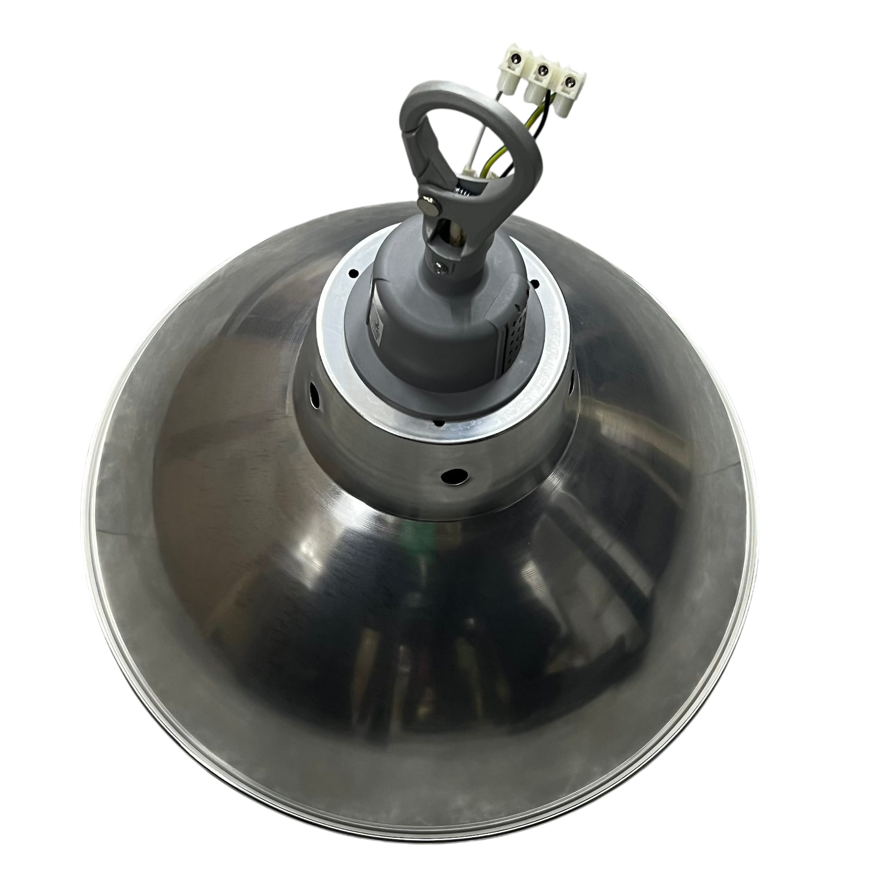 Biglite & Omni 14 Inch aluminum reflector lighting fixture with hanging hook and electrical connectors