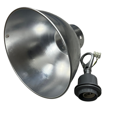 Aluminum reflector with E27 socket lighting installation accessory by Biglite and Omni on black background