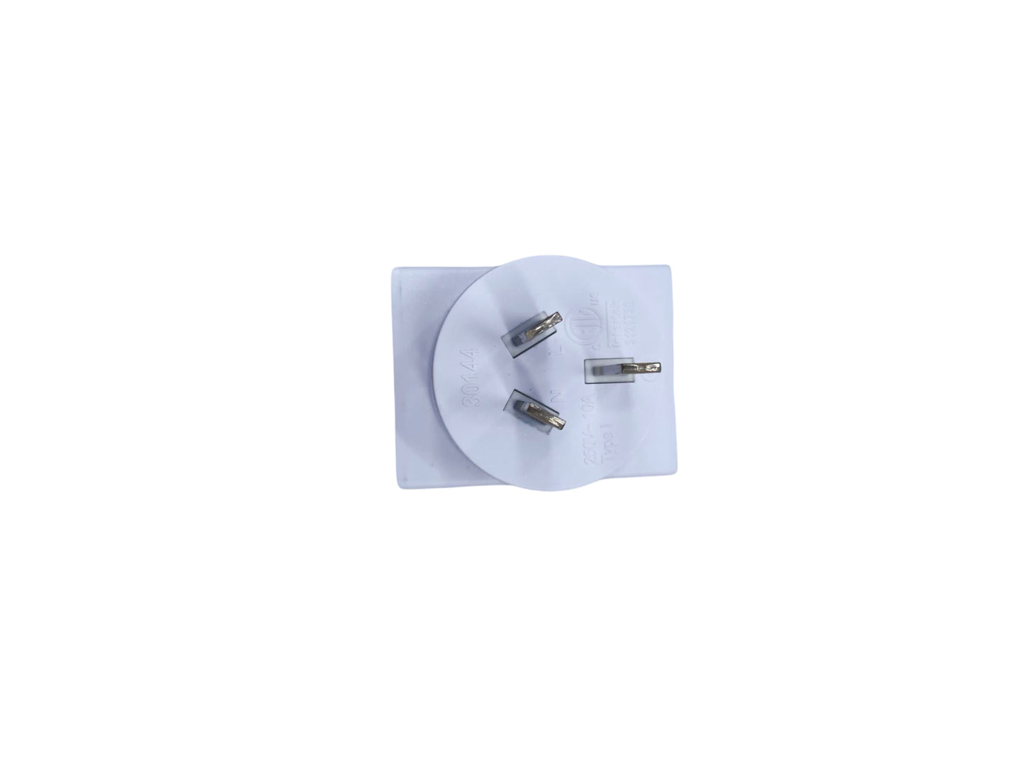 White adaptor plug with three metal prongs for electrical connections from China