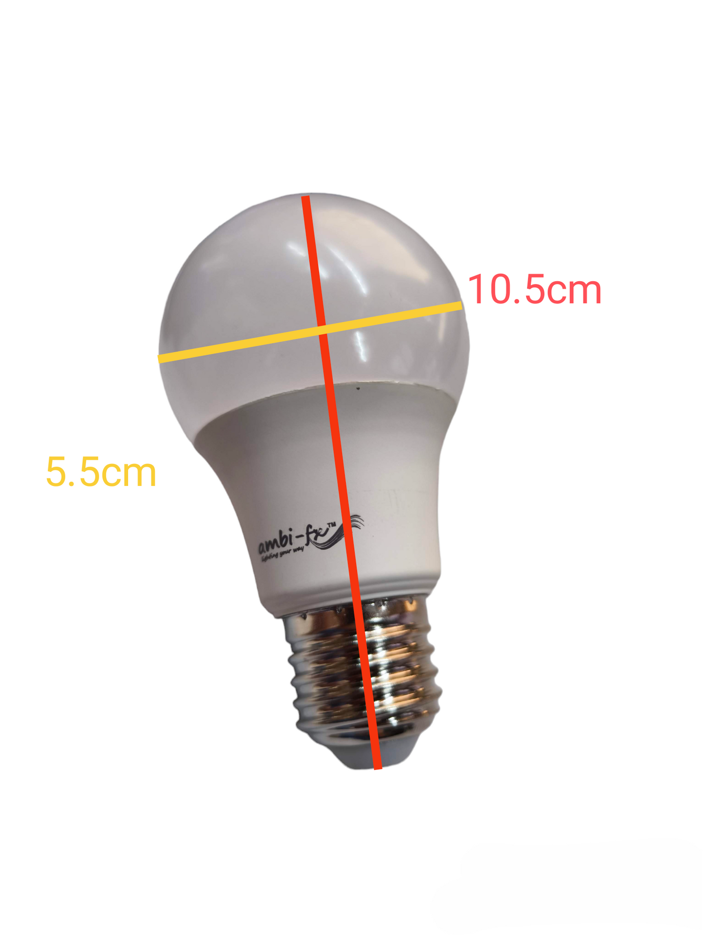 Ambi fx 9W LED Bulb E27 220V 6000K white frosted globe with E27 screw base and size markings 10 point 5 cm and 5 point 5 cm