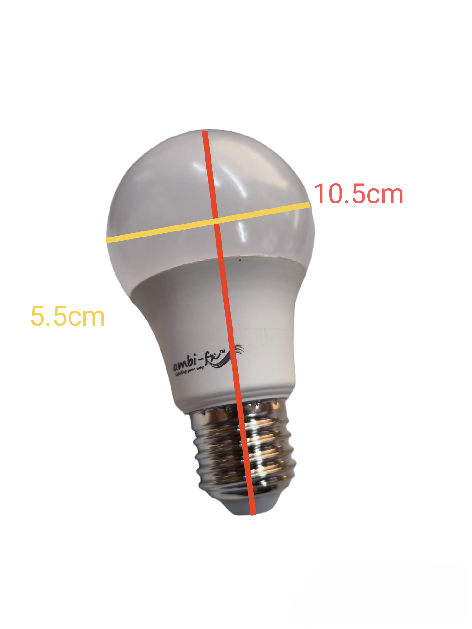Ambi fx 9W LED Bulb E27 220V 6000K white frosted globe with E27 screw base and size markings 10 point 5 cm and 5 point 5 cm