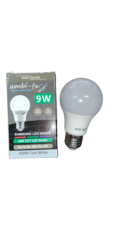 Ambi-fx 9W LED Bulb E27 220V 6000K next to product box showing A60 E27 globe with Samsung LED inside