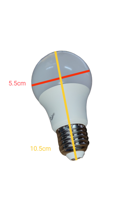 Ambi fx 9W LED Bulb E27 220V 6000K cool white bulb with E27 screw base on black background showing dimensions