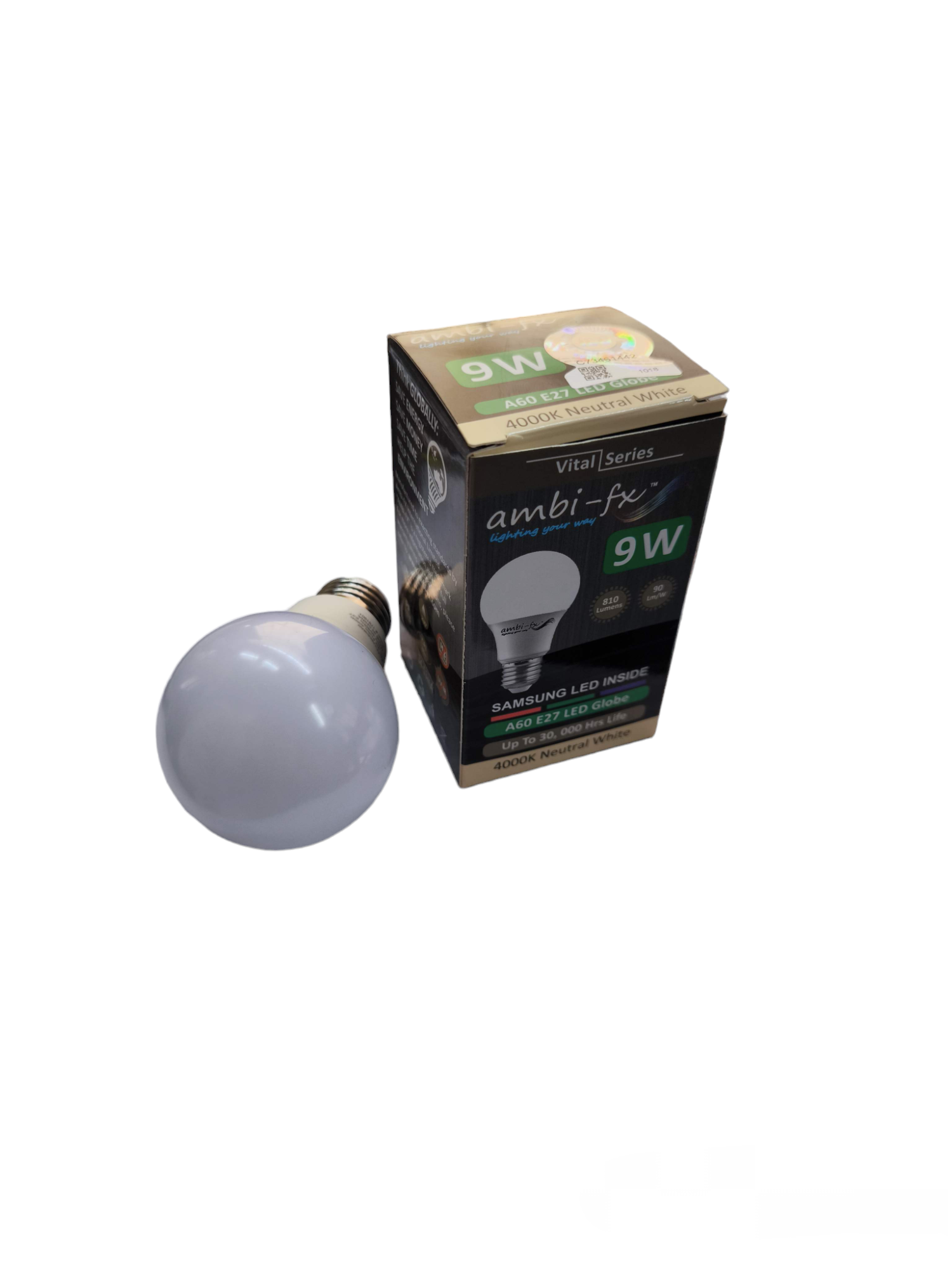 Ambi-fx 9W LED bulb E27 220V with packaging showing energy-saving and Samsung LED inside