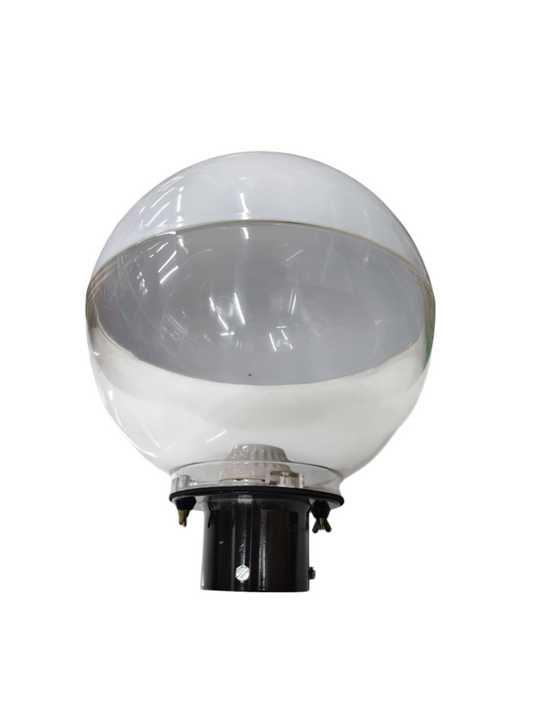 Amco 10 inch globe post connector with clear globe and black mounting base for lighting installations