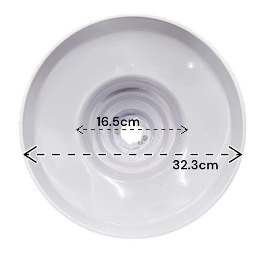 Amco white light fixture cover showing dimensions for lighting installation accessories