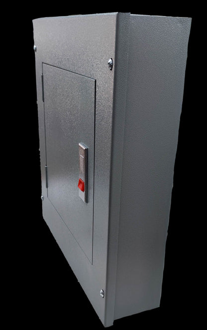 Gray 2 pole bolt on panel board with metal latch and hinge for electrical circuitry and parts