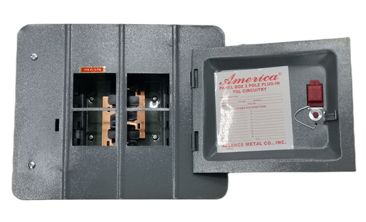 2x2 panel board for GE breakers electrical circuitry part by America with metal enclosure and open door