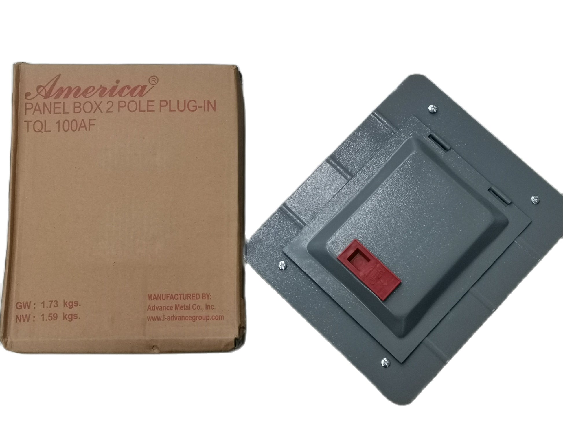 America 2x2 panel board for GE breakers with gray metal cover and red switch in packaging box
