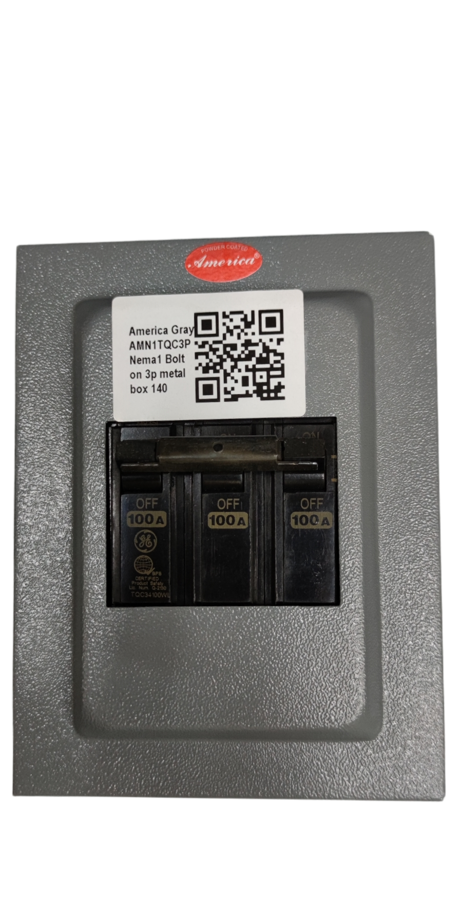 3 phase circuit breaker with enclosure by GE and America electrical circuitry parts in gray metal box