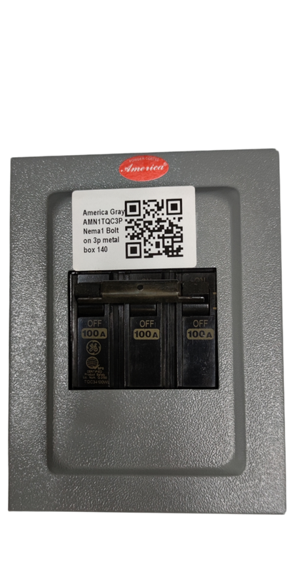 3 phase circuit breaker with enclosure by GE and America electrical circuitry parts in gray metal box