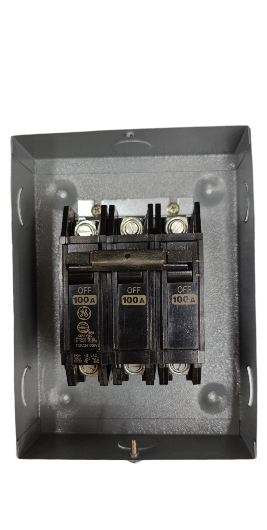 GE and America 3 phase circuit breaker with enclosure rated 100A in black and gray