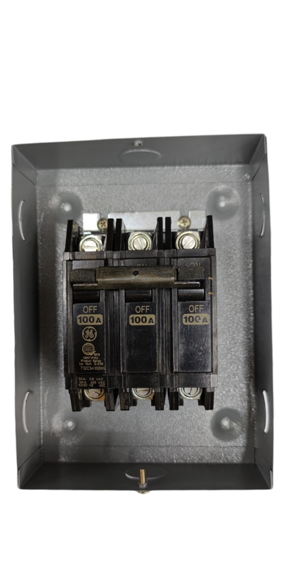 GE and America 3 phase circuit breaker with enclosure rated 100A in black and gray