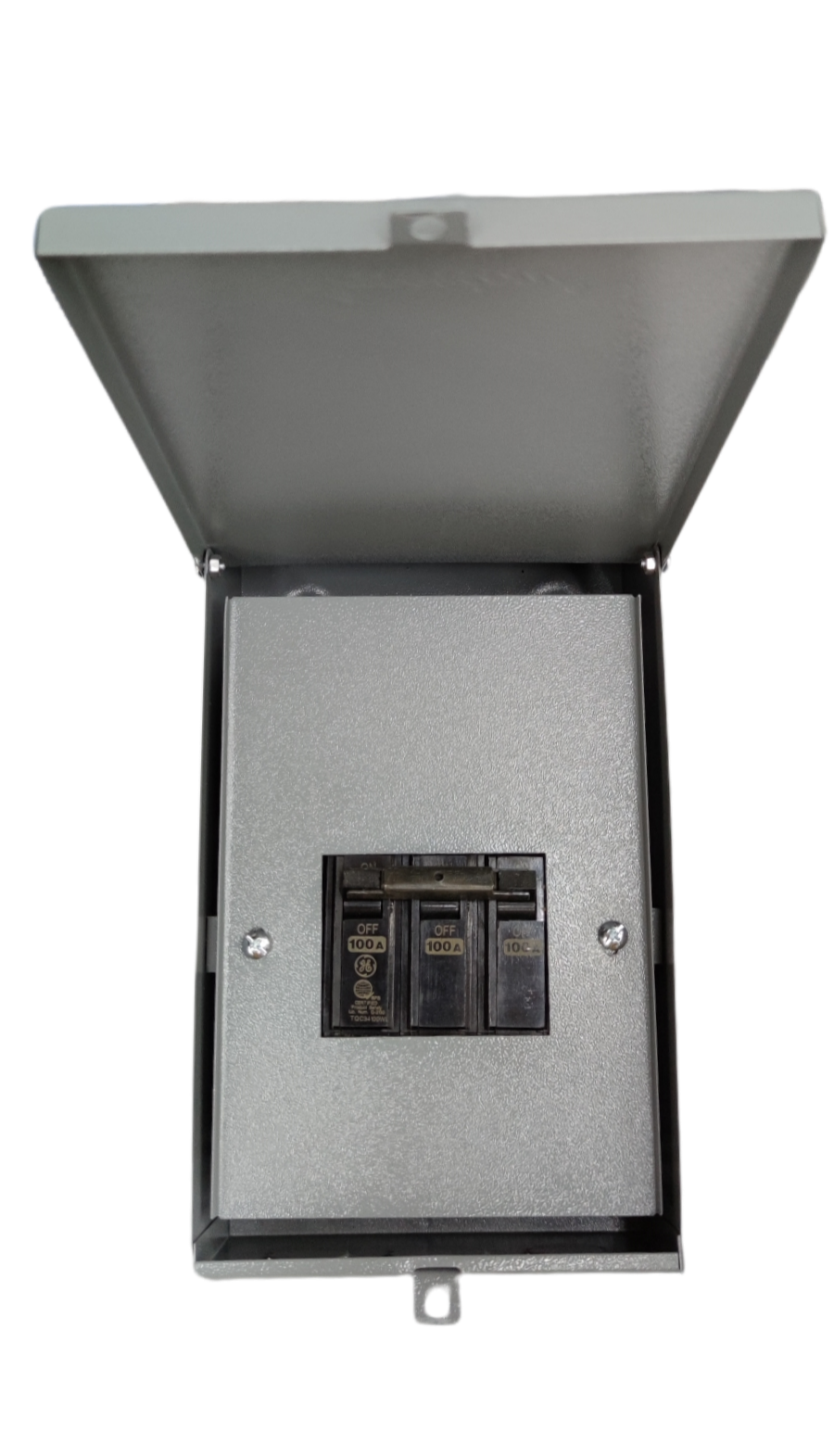 GE America 3 phase circuit breaker with enclosure featuring a metal protective box and three switches