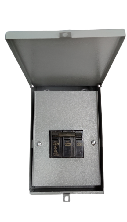 GE America 3 phase circuit breaker with enclosure featuring a metal protective box and three switches