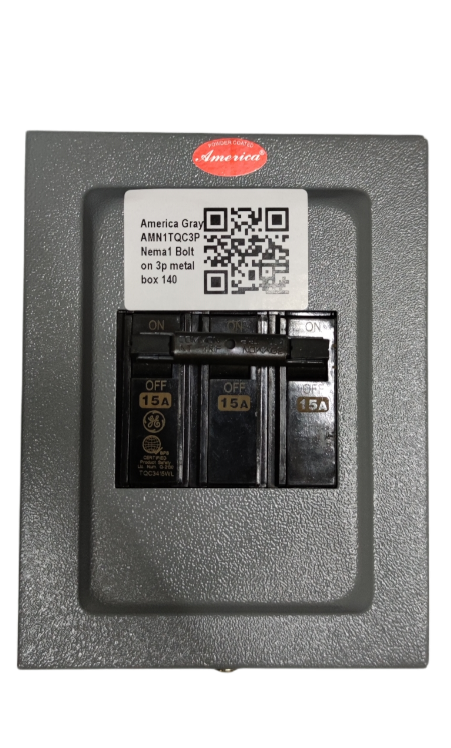 GE America 3 phase circuit breaker with enclosure featuring three 15 amp switches in gray metal box