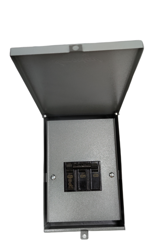 GE America 3 phase circuit breaker with enclosure shown open on black background