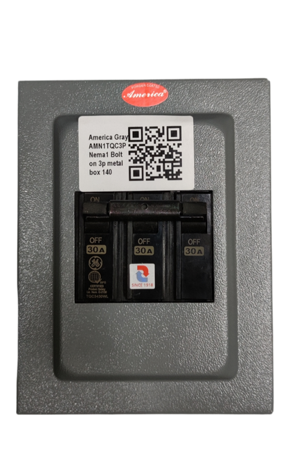 3 phase circuit breaker with enclosure by GE and America featuring three 30 amp switches in metal box