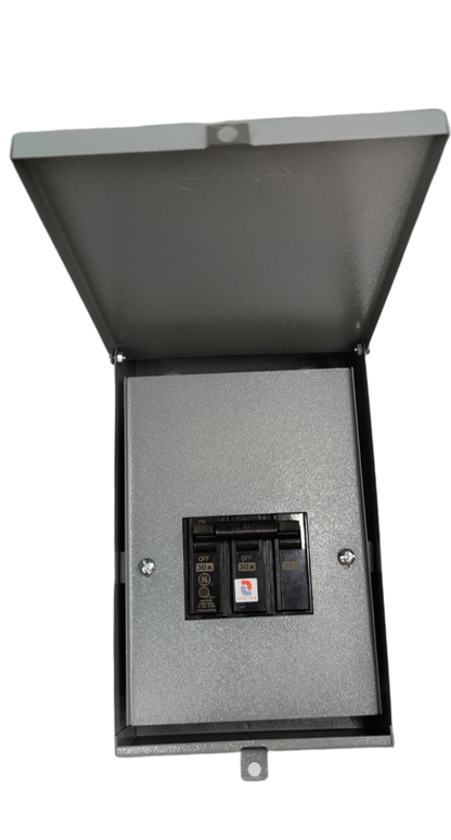 GE & America 3 phase circuit breaker with enclosure featuring a protective metal cover