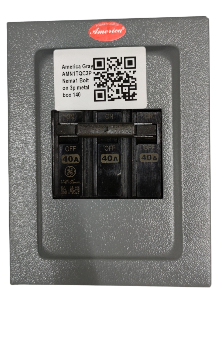 3 phase circuit breaker with enclosure by GE and America featuring 40 amp switches in gray metal box