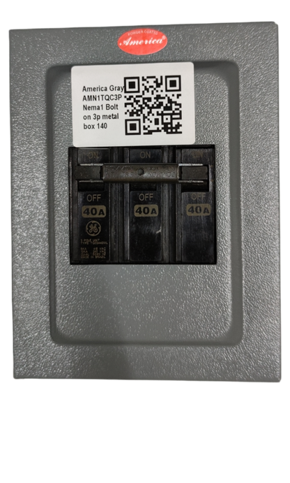 3 phase circuit breaker with enclosure by GE and America featuring 40 amp switches in gray metal box