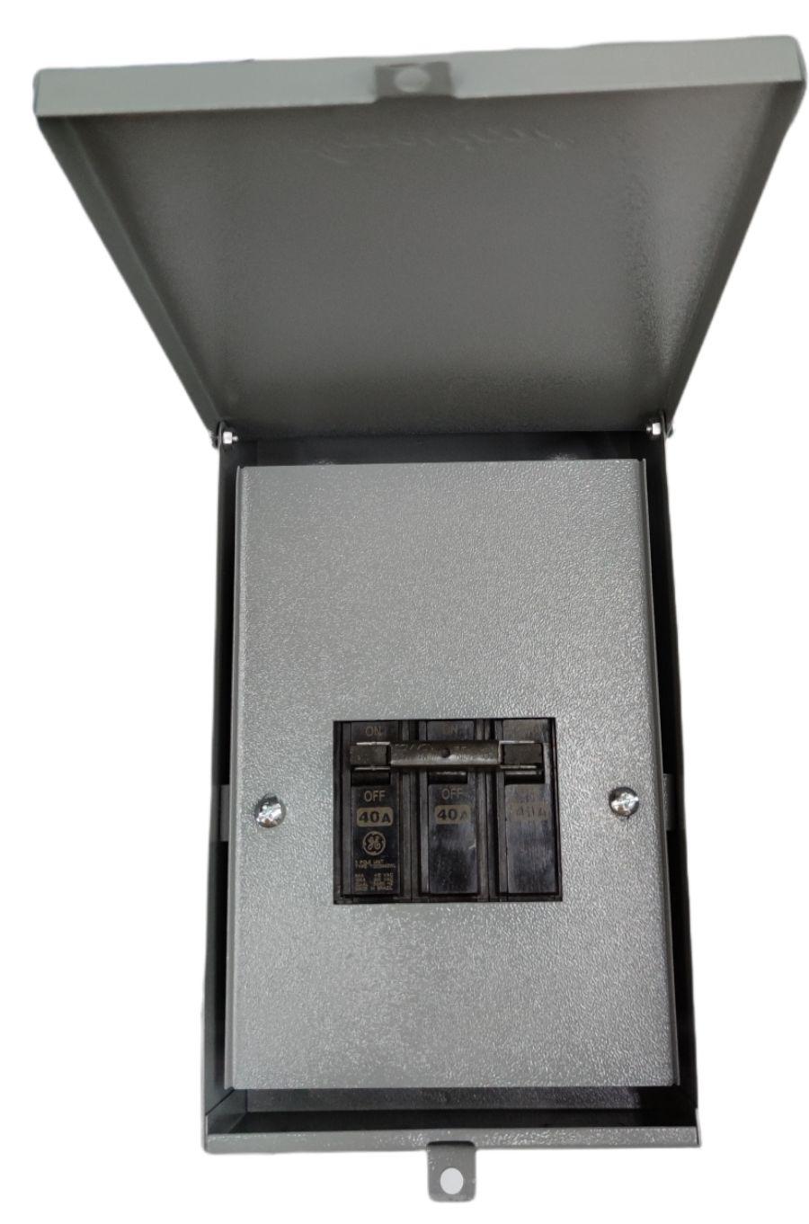 GE and America 3 phase circuit breaker with enclosure featuring metal protective cover and switches