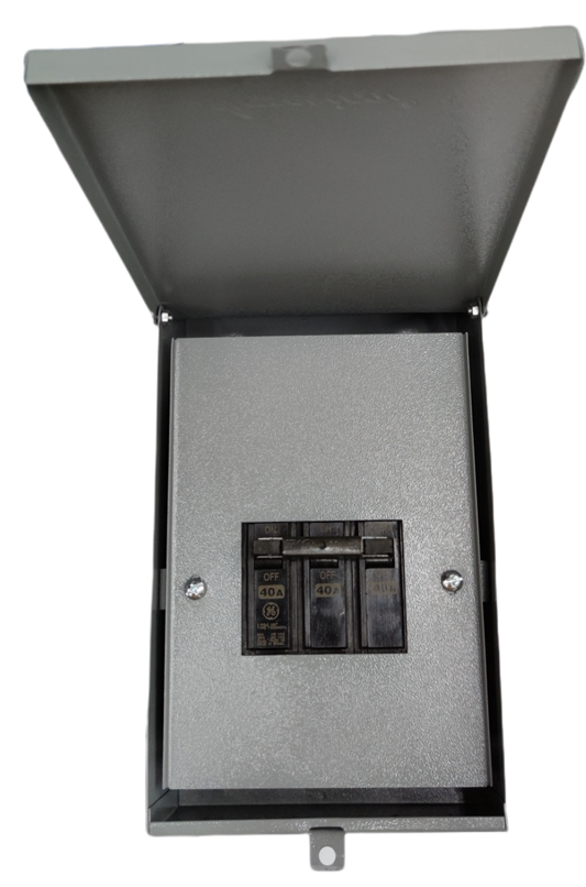 GE and America 3 phase circuit breaker with enclosure featuring metal protective cover and switches