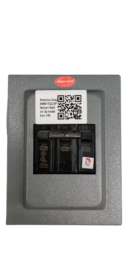3 phase circuit breaker with enclosure by GE and America in gray metal box with labeled switches