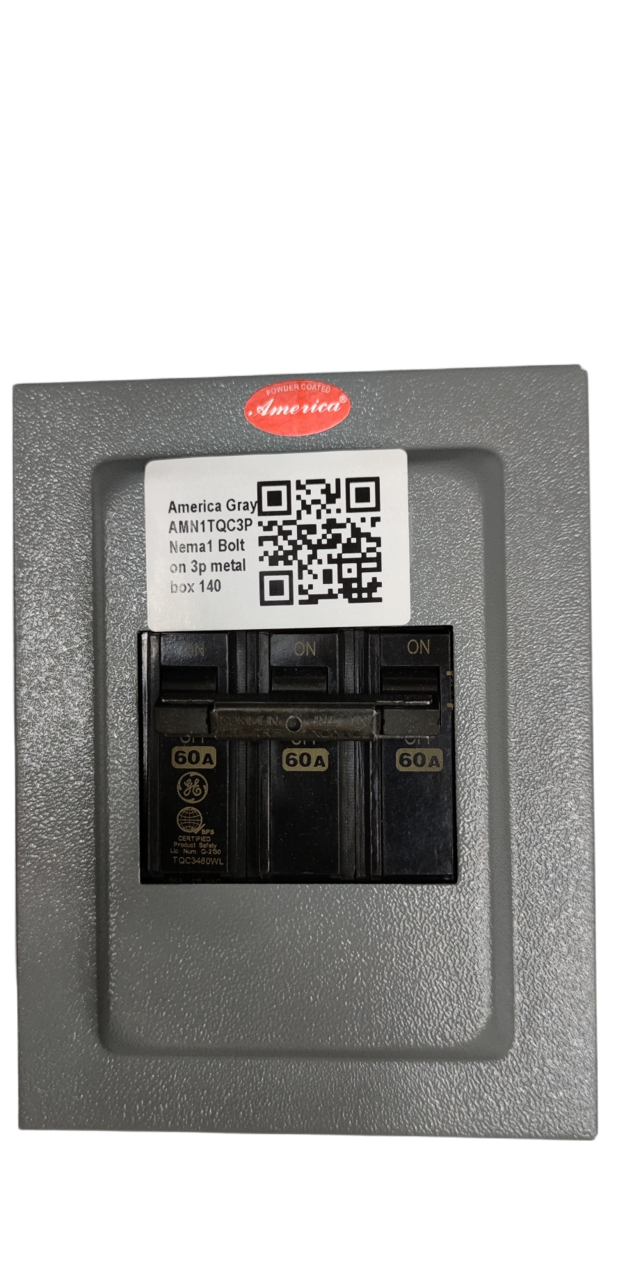 GE America 3 phase circuit breaker with enclosure featuring three 60 amp switches in grey casing