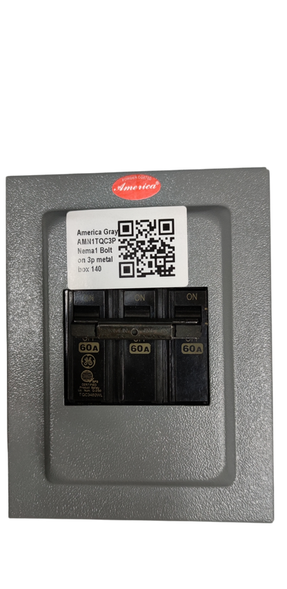 GE America 3 phase circuit breaker with enclosure featuring three 60 amp switches in grey casing