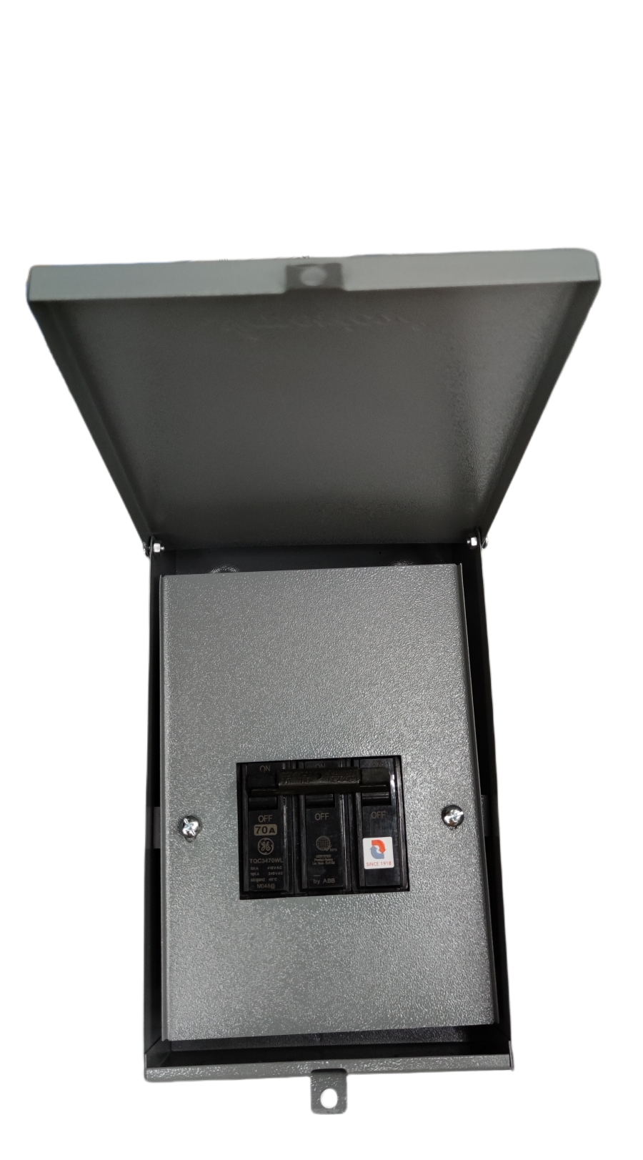 GE and America branded 3 phase circuit breaker with enclosure in gray metal box with open lid