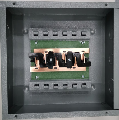 America 3x3 panel board 6 holes electrical circuitry part with metal and copper components inside gray casing