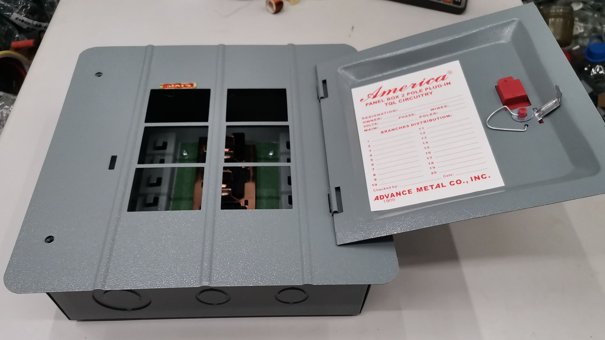 America 3x3 panel board 6 holes electrical circuit breaker box with metal gray cover open