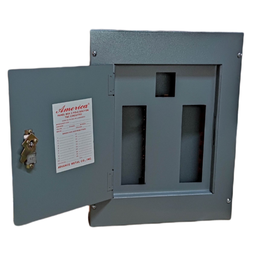 America 8 branches Panel Board Bolt on with metal casing and hinged door open showing slots for breakers