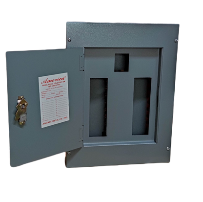 America 8 branches Panel Board Bolt on with metal casing and hinged door open showing slots for breakers