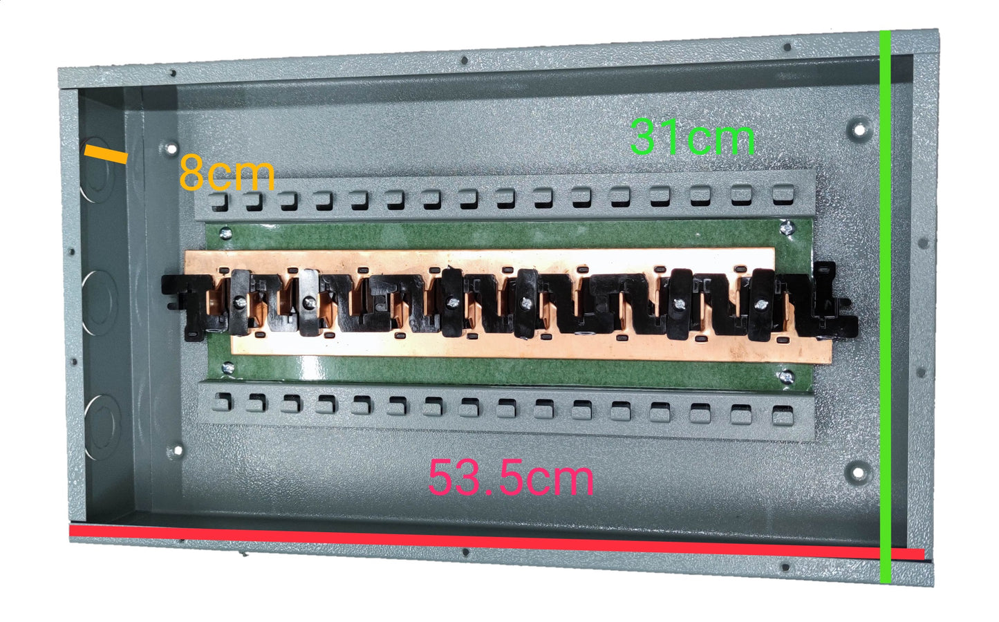 8x8 panel board for TQL GE breakers with metal construction and copper busbar for electrical circuitry