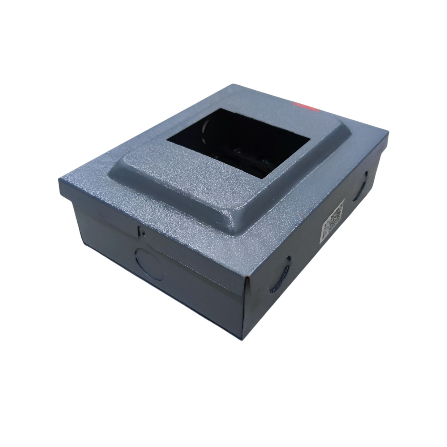 Gray textured metal electrical enclosure with recessed opening for plug-in GE TQL panel board, made in America