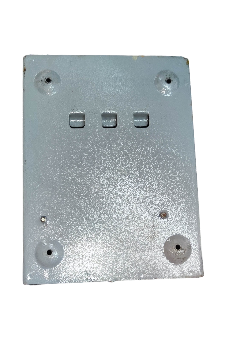 Gray metal electrical cover plate with three rectangular slots and mounting bosses for plug-in GE TQL panel board