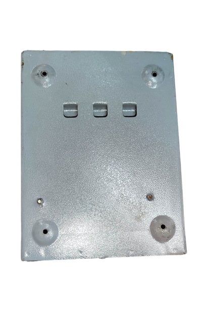 Gray metal electrical cover plate with three rectangular slots and mounting bosses for plug-in GE TQL panel board