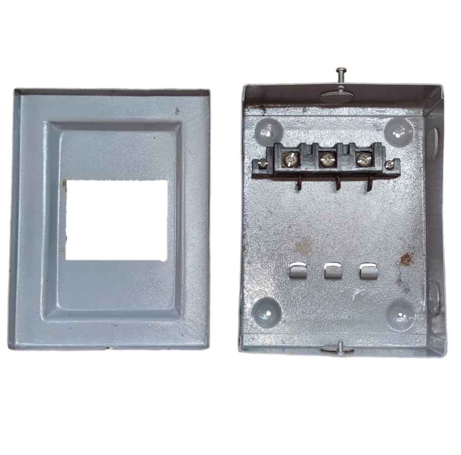 Metal two piece electrical box and cover for plug-in GE TQL panel board with screw terminal connections