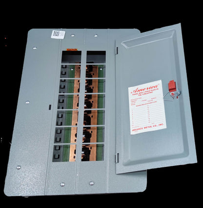 America panel board 12 branches electrical circuitry and parts with open gray metal cover