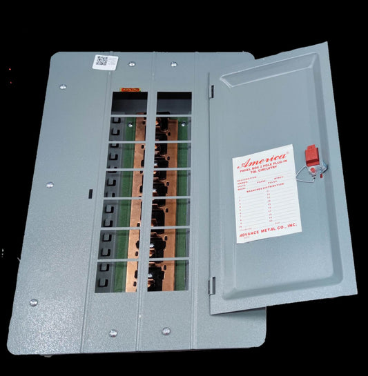 America panel board 12 branches electrical circuitry and parts with open gray metal cover