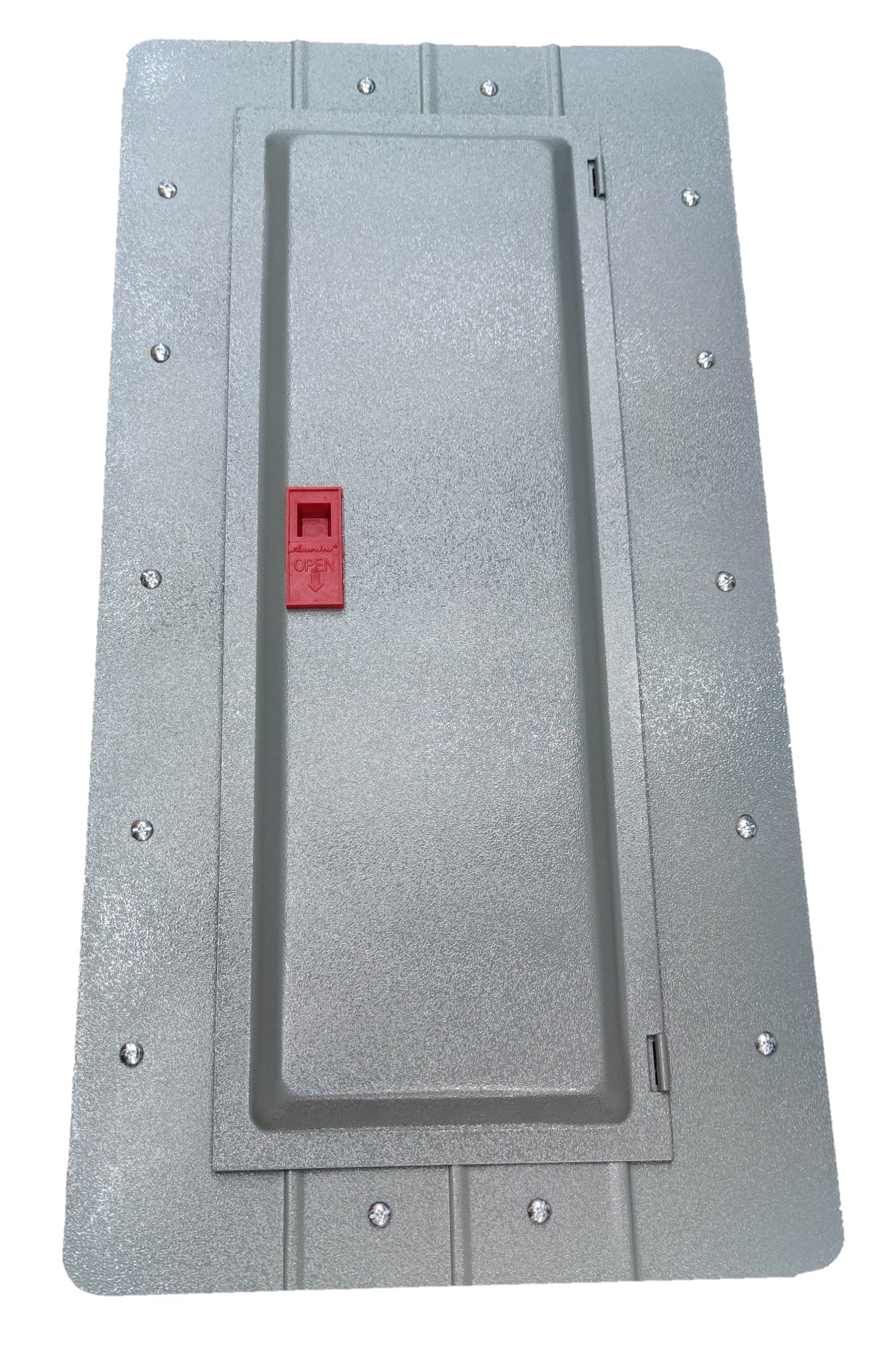 Gray metal panel board 18 branches with a red switch for electrical circuitry and parts