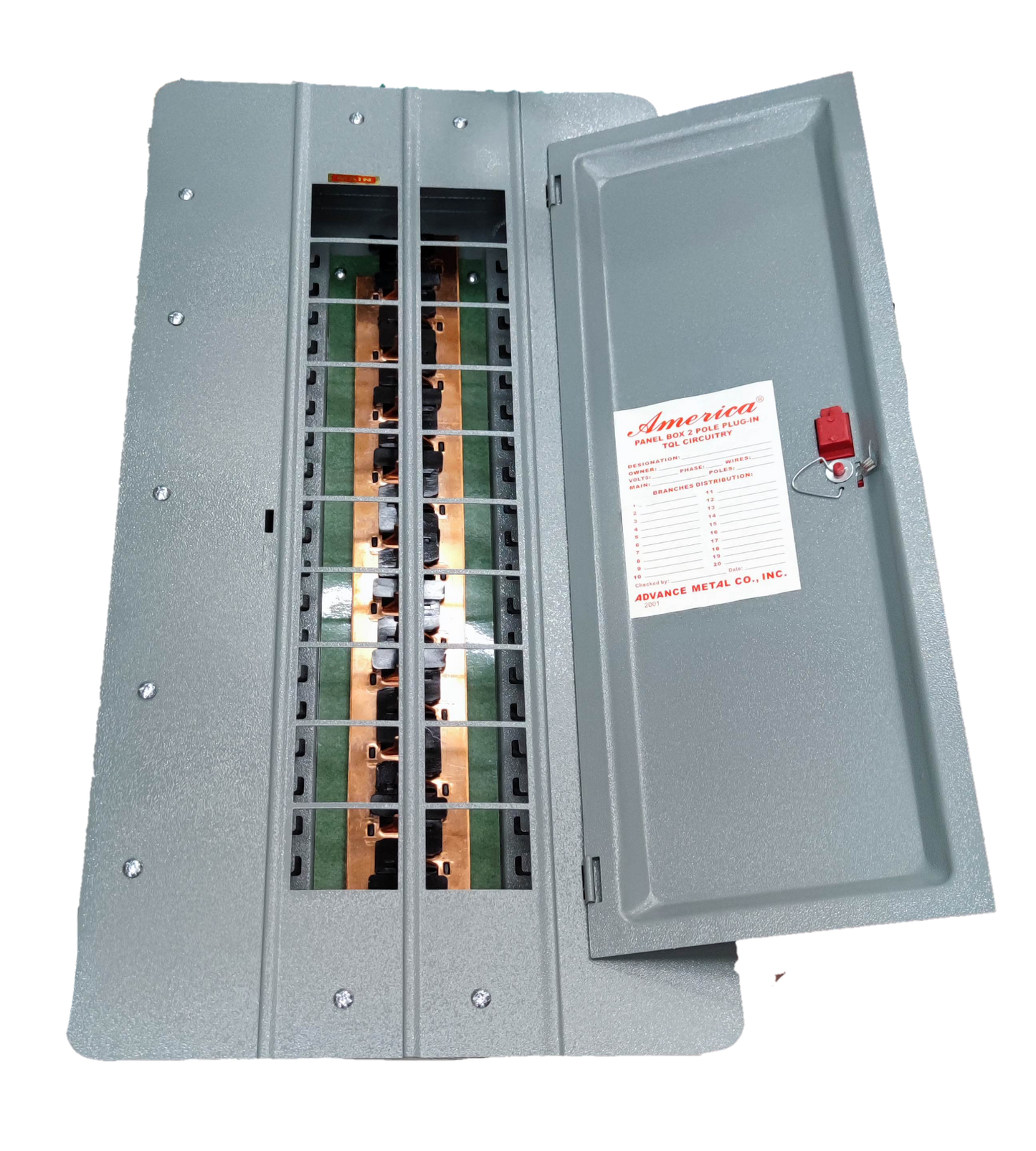 America panel board 18 branches metal electrical circuitry part with open gray cover